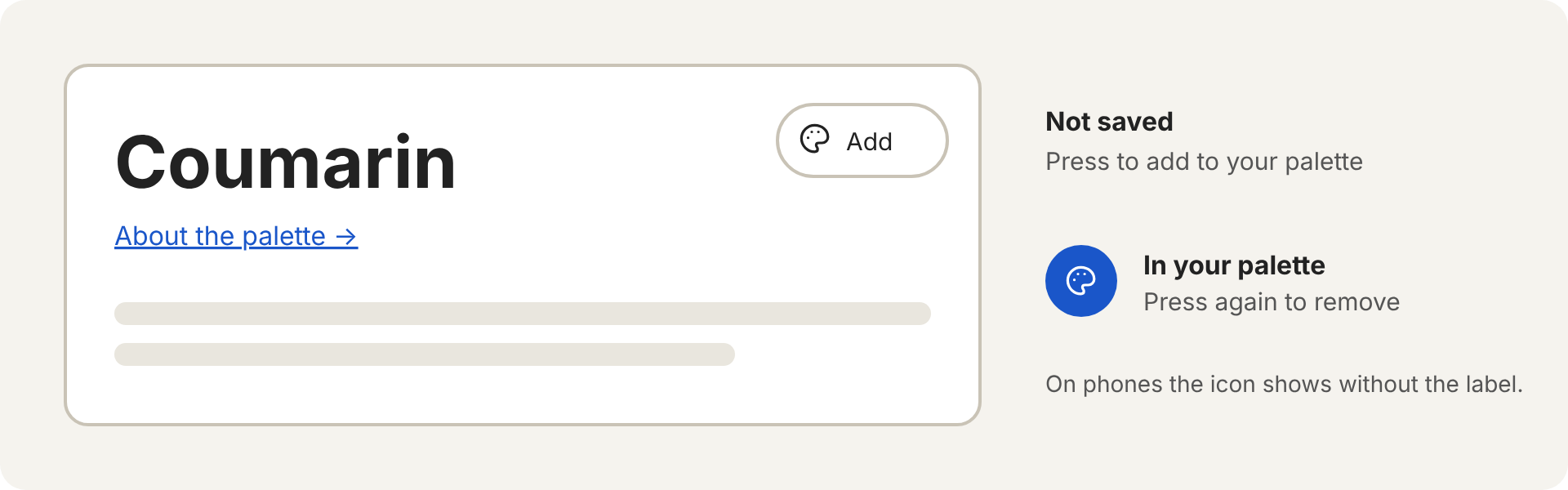 An ingredient page with the palette icon to the right of the ingredient name, shown empty when not saved and filled when in your palette.