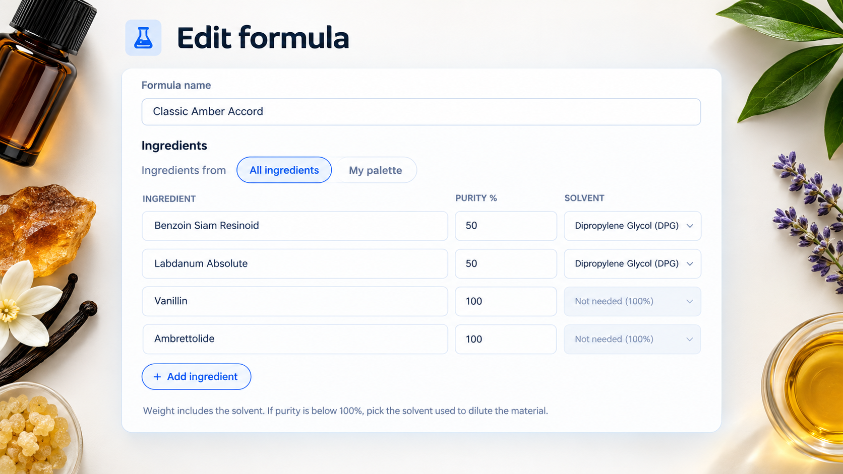 Formula maker: build and save a perfume formula